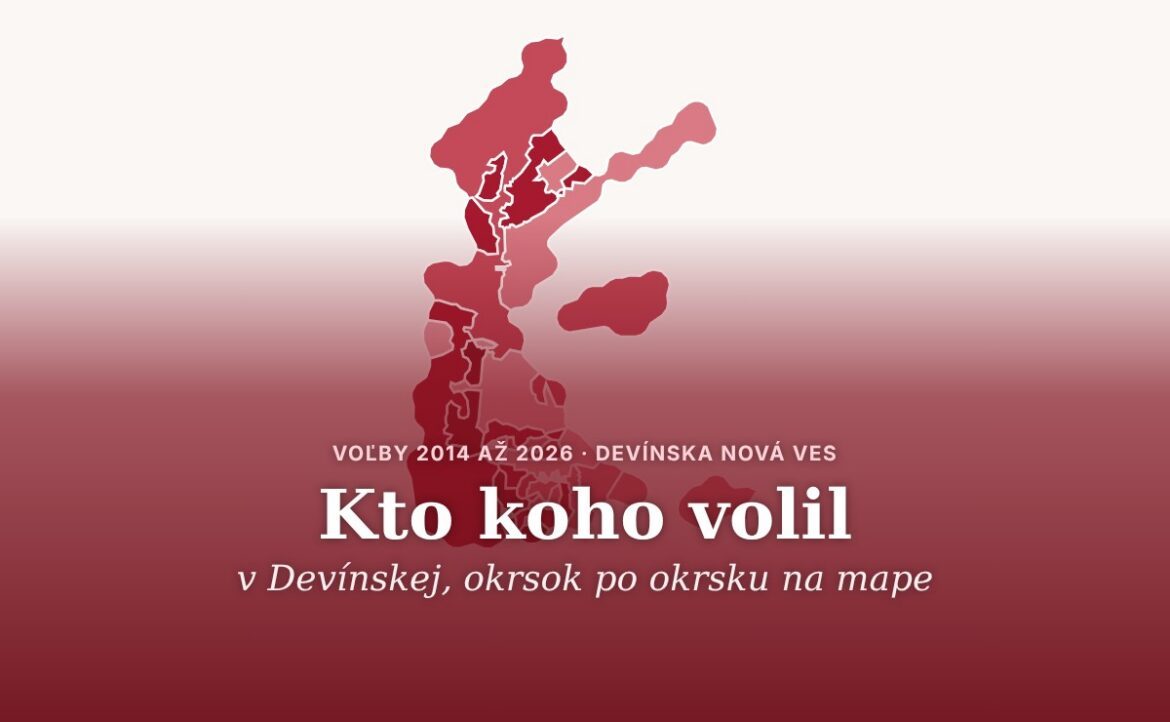 Mapa okrskov Devínskej Novej Vsi a nadpis Kto koho volil v Devínskej, okrsok po okrsku na mape